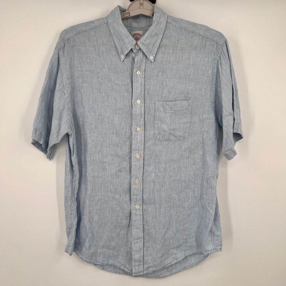 Brooks Brothers 346 Mens Blue White Stripe 100% Linen Short Sleeve Shirt Large